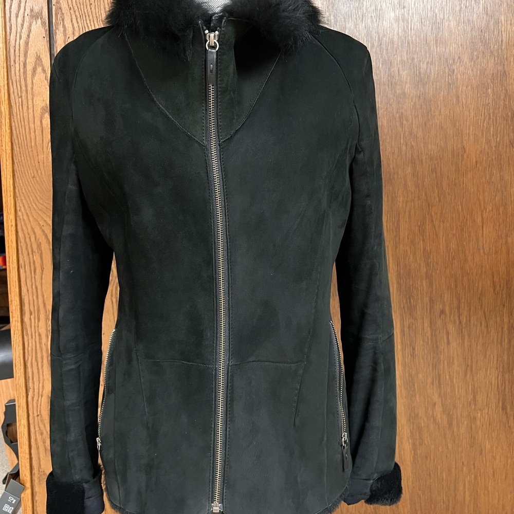 VESPUCCI Black Suede Shearling Sheepskin Jacket size S Zip Toscana Fur Collar